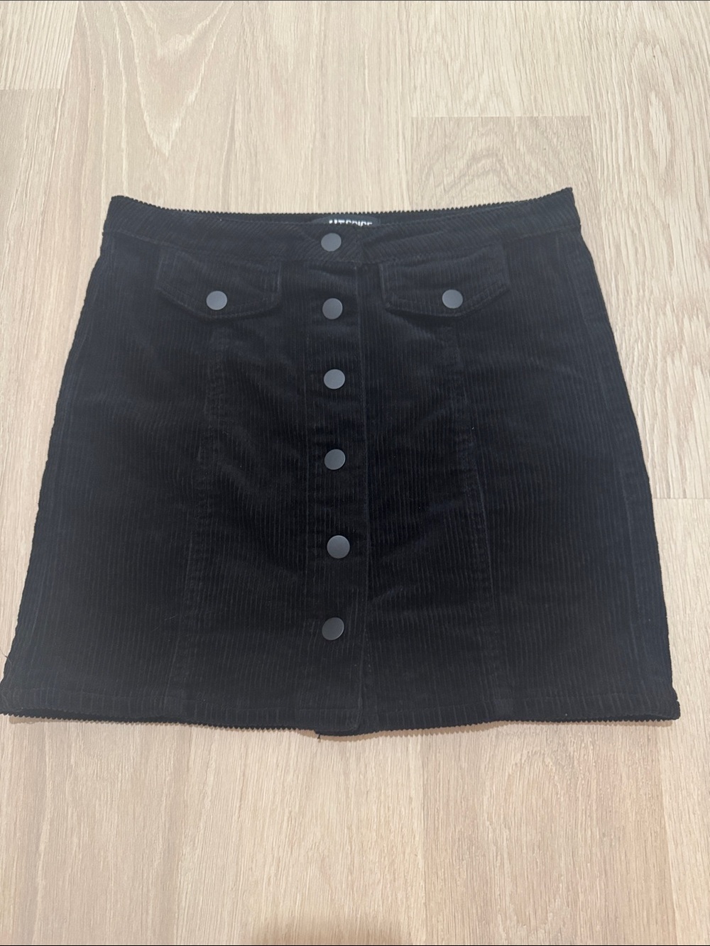 Blue Spice Black Corduroy Snap-Front Mini Skirt
